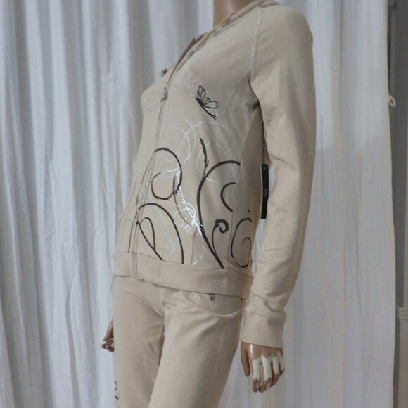 NWT BCBG sz SM LG XL 95% cotton BEIGE & BROWN STUDDED 2 PIECE TRACKSUIT - Picture 12 of 14